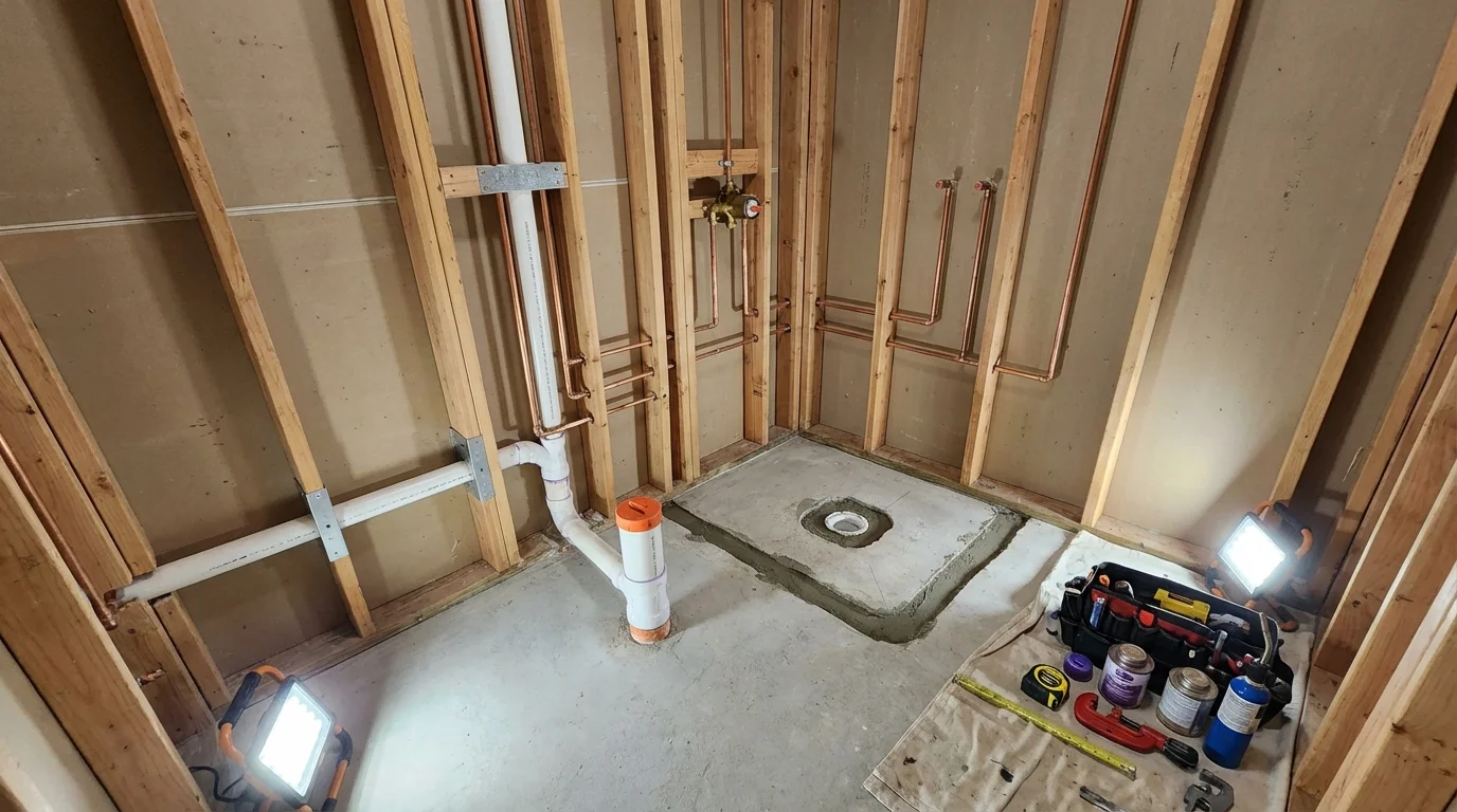 Bathroom rough-in plumbing during remodel by Johns Plumbing LLC in Prudenville