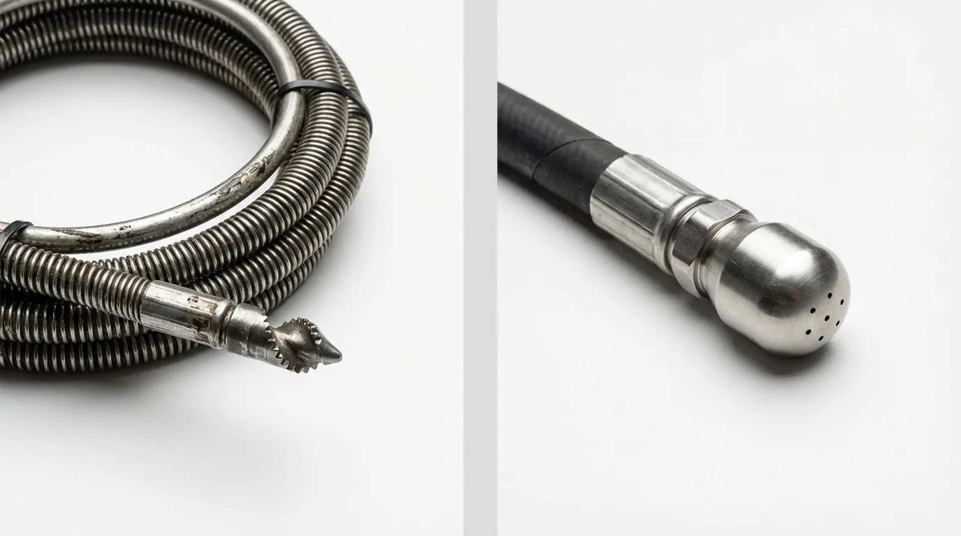Drain snake cable and hydro jetting nozzle used for drain cleaning in Prudenville, MI