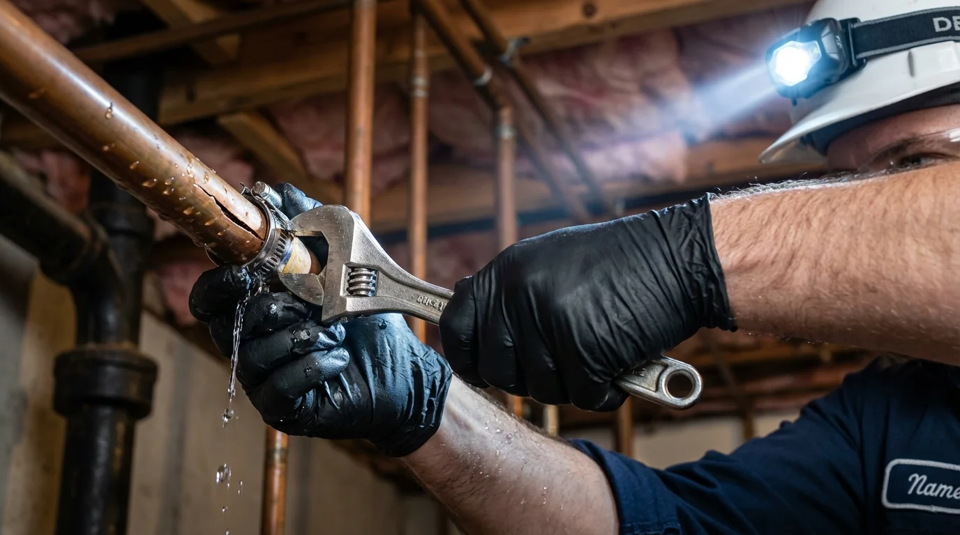 Emergency pipe clamp repair being performed by a Johns Plumbing LLC plumber in Prudenville