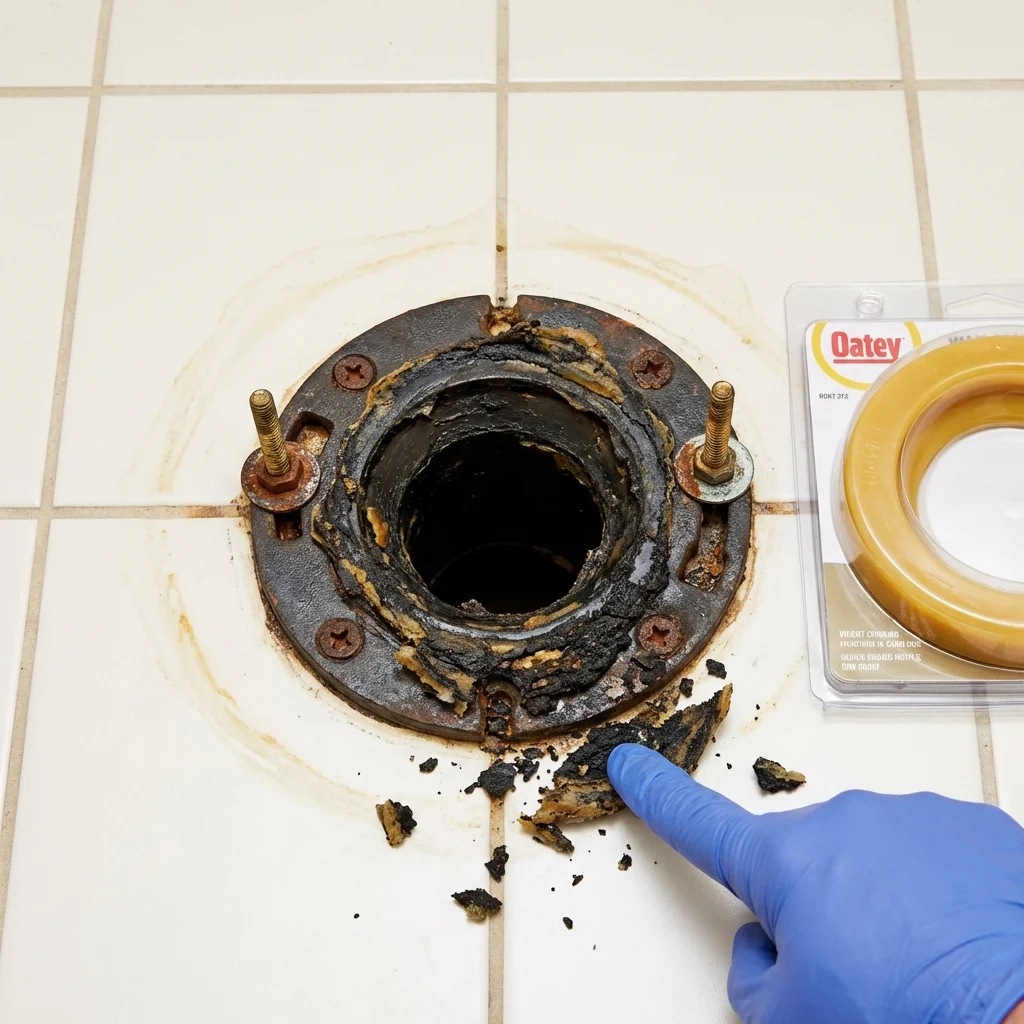 Failed wax ring showing water seepage at the base of a toilet in a Prudenville, MI home