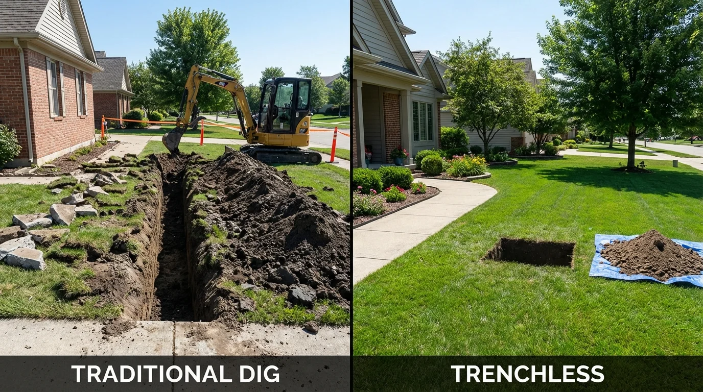 Trenchless sewer repair with minimal yard damage versus traditional excavation in Prudenville, MI