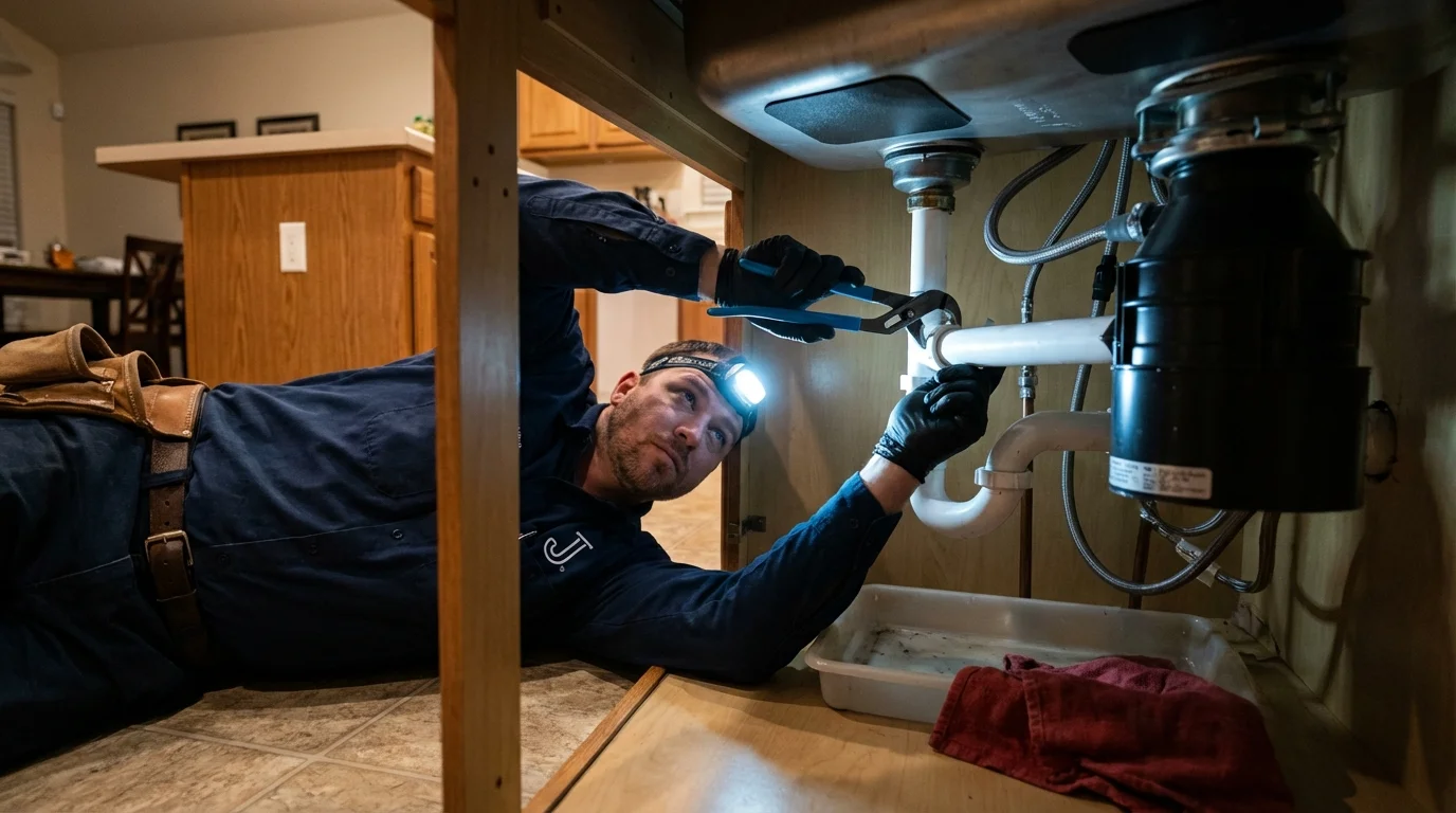 P-trap and supply line connections under a kitchen sink showing a common leak point in Prudenville, MI